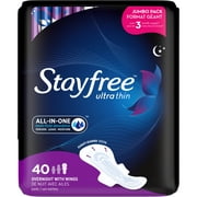 Stayfree Ultra Thin Overnight Pads With Wings, 40 Ct, Multi-Fluid Absorption, Protection For Up To 10 Hours